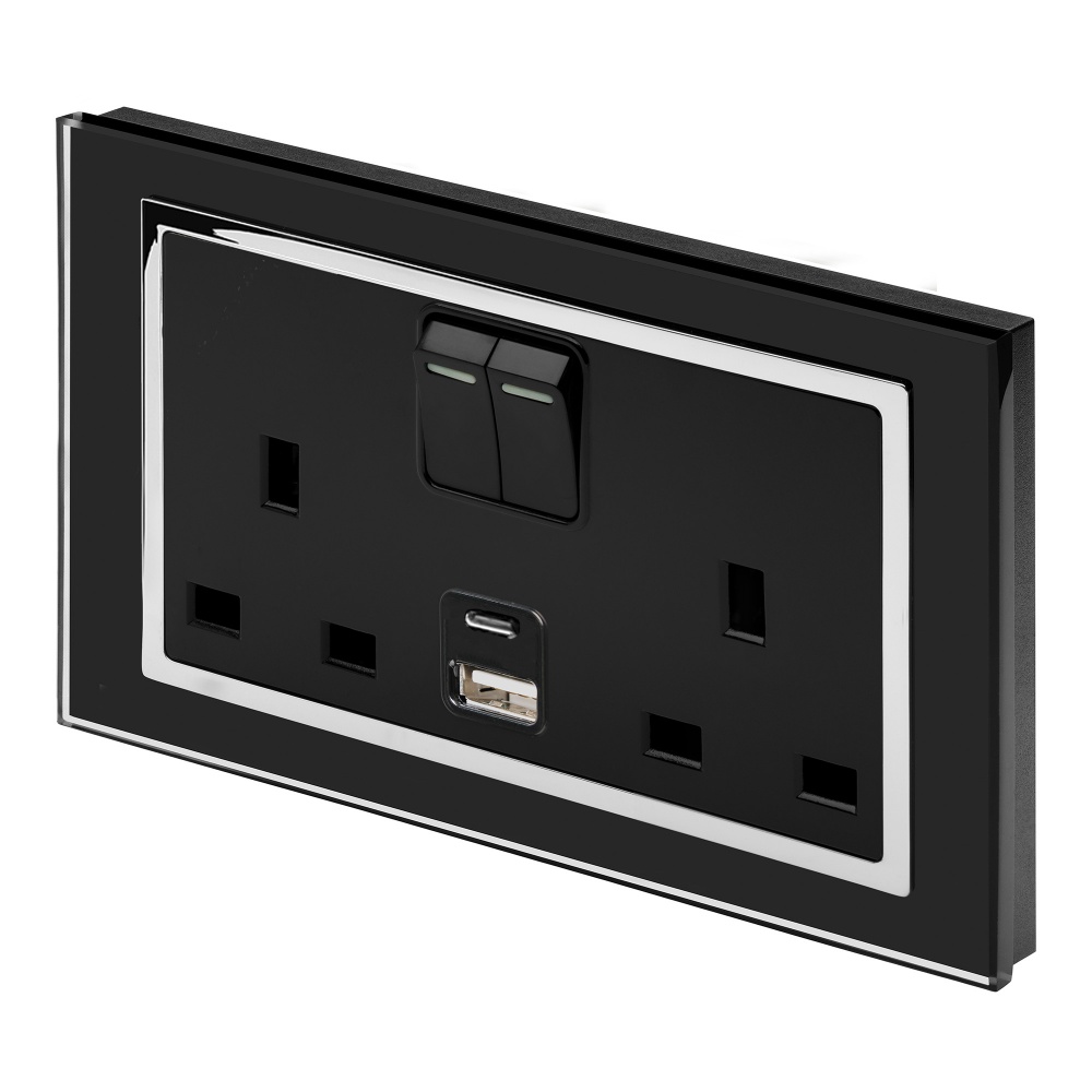 Crystal 3.1A USBC & 13A DP Double Plug Socket with Switch Black CT